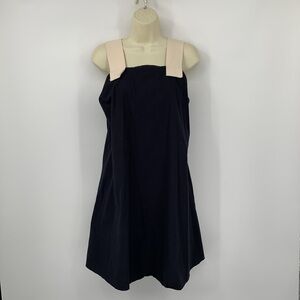 AVN a-line shift dress navy blue poplin cream woven straps 40 6